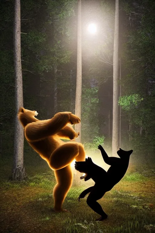 Image similar to a beautiful fullbody portrait of a bear and a wolf playing capoeira in a forest, at night. volumetric light, detailed, photorealistic, fantasy, rendered in octane