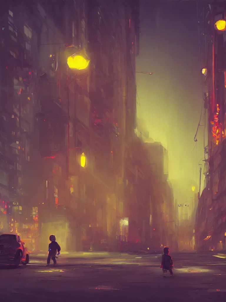 Image similar to one single little boy in a dark street in a big city with neonlights by night a painting from stalenhag, 4 k, 8 k, hdr, artstation, concept art