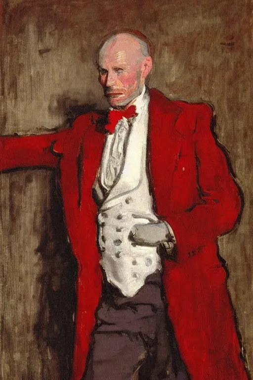 Image similar to portrait of ed harris as a gentleman wearing a a red edwardian suit by walter sickert, john singer sargent, and william open