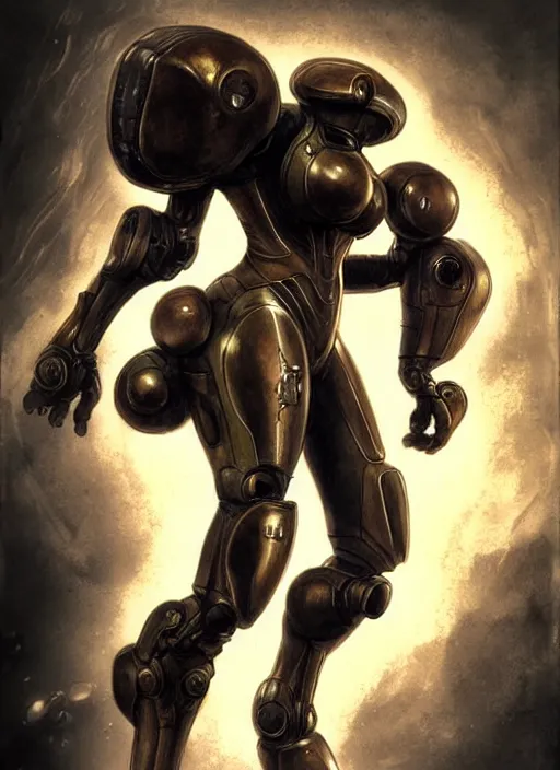 Prompt: samus aran bioorganic varia suit, energetic varia suit, full body portrait, highly detailed, intricate, concept art, vertical portrait, battle angel alita, by rembrandt, 1 6 6 7, by jean - baptiste monge, resine figure, cyborg