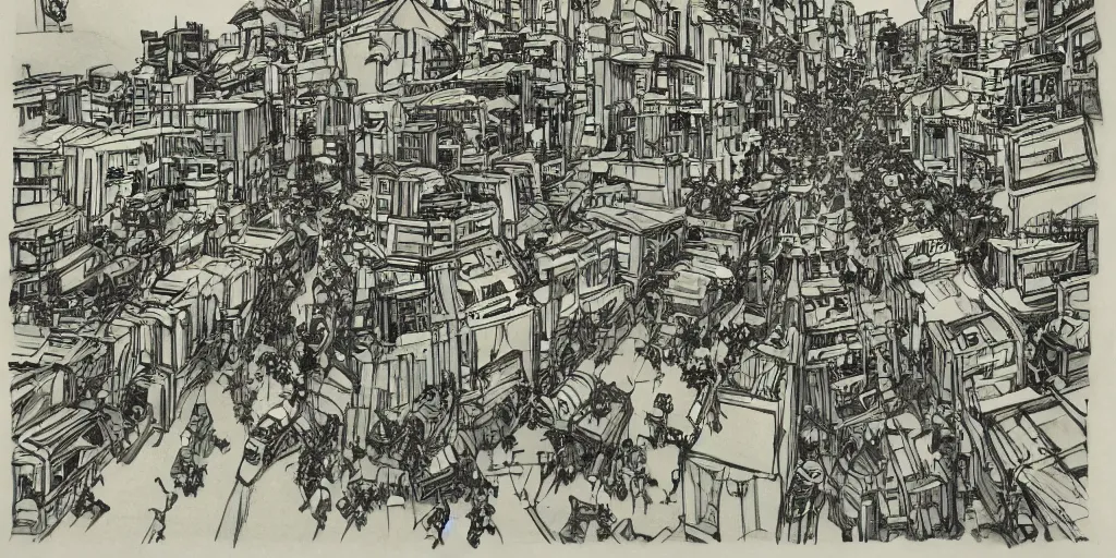 Prompt: a tight shot of a dozen monkeys attacking a city in Japan by Ashley Wood, 3 point perspective, rule of thirds