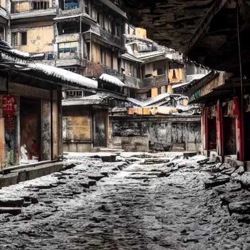 Image similar to Kowloon Walled City in the walls of glacial cavern, snowing, favela, slum