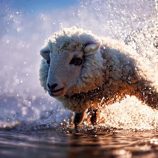 Image similar to a closeup photorealistic photograph of a cute baby sheep splashing in the surf during sunset. professional capture, well lit shot. this 4 k hd image is trending on artstation, featured on behance, well - rendered, extra crisp, features intricate detail, epic composition and the style of unreal engine.