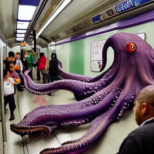 Image similar to of a giant octopus invading a interior of a subway train in new york,