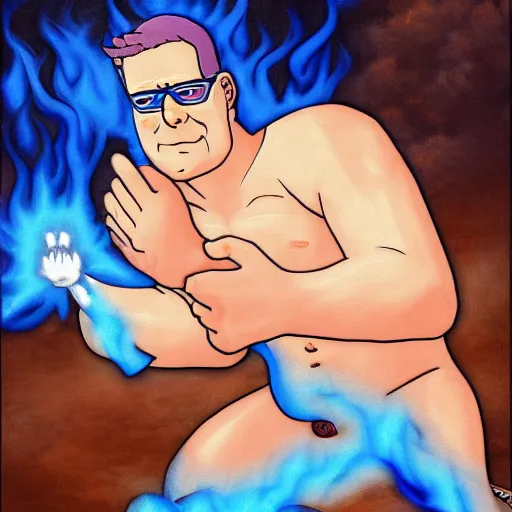 Prompt: hank hill as the god of propane, white tshirt, blue jeans, surrounded by blue fire, surrounded by blue flames, renaissance religious painting, late gothic religious paintings, byzantine religious art, trending on artstation