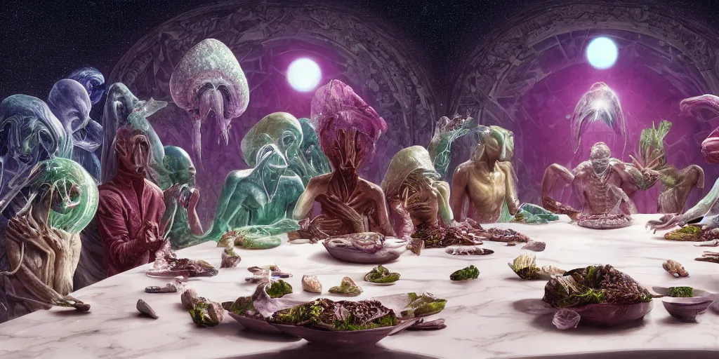 Prompt: !13 very diverse aliens enjoying a rich salad around a marble table, !positioned as last supper cinematic lighting, crystals and diamonds, fantasy, surreal, floating, highly detalied, 4k, artstation, by Wayne Barlowe