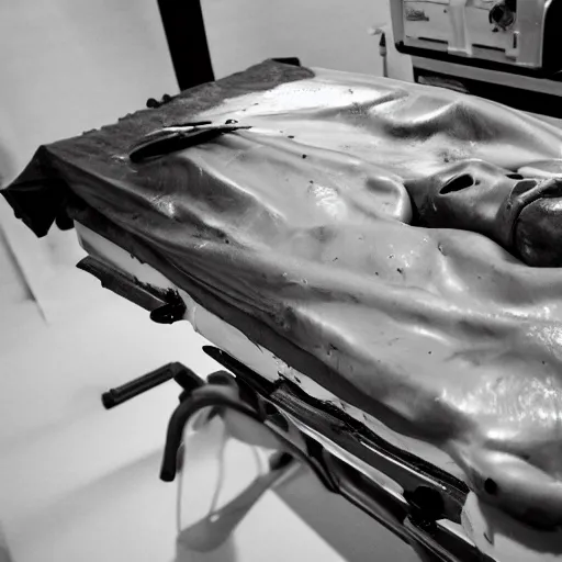 Image similar to photo of an alien autopsy, black and white, wide angle