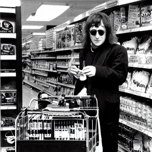 Image similar to John Lennon djing in a supermarket