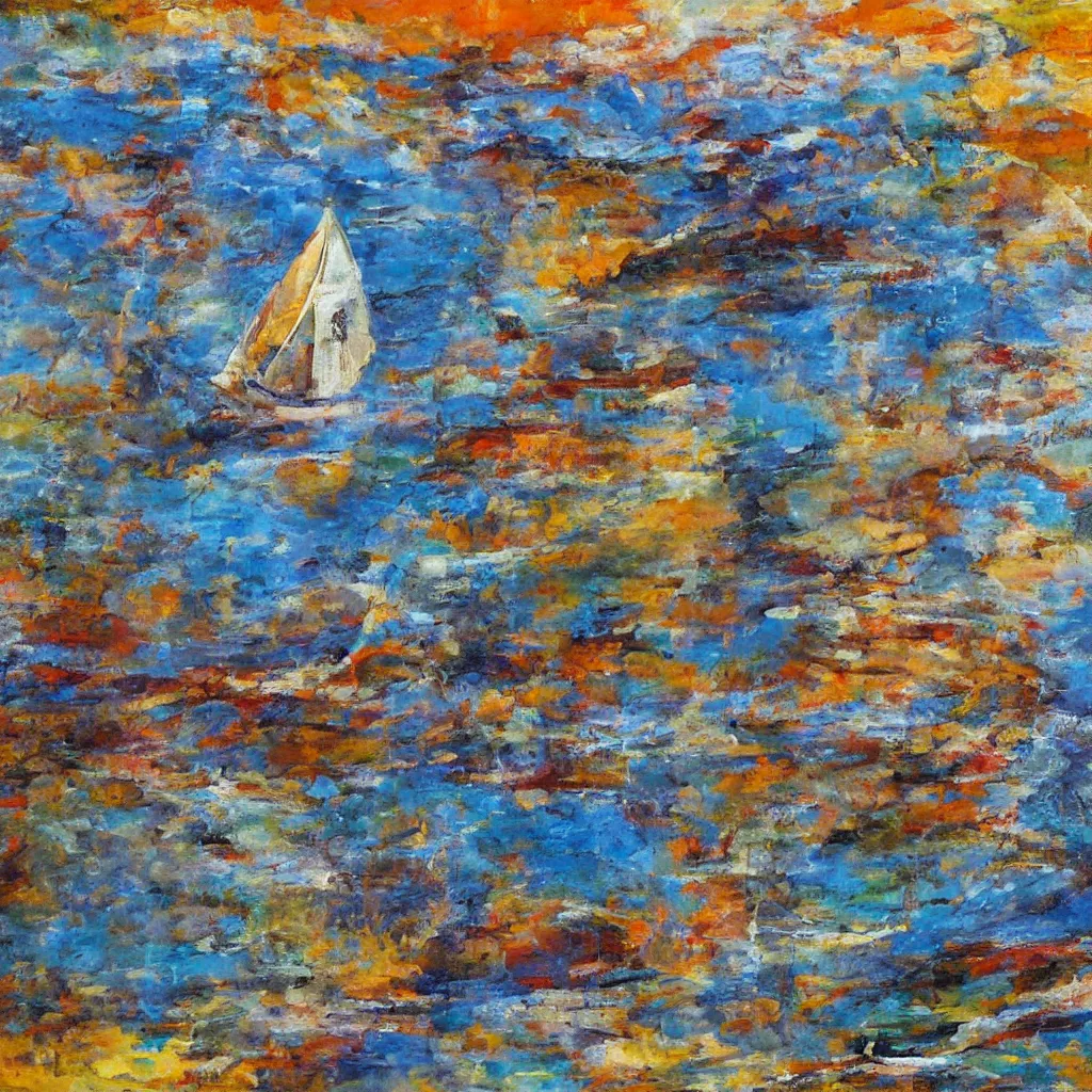 Prompt: a painting of a sailboat floating on a body of water, an abstract painting by ted degrazia, reddit contest winner, lyrical abstraction, mixed media, acrylic art, gold leaf, oil on canvas