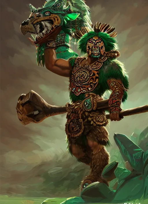 Image similar to a highly detailed illustration of fierce young aztec jaguar warrior boy wearing green jaguar mane, heroic roaring wielding aztec macuahuitl pose, muscular, intricate, elegant, highly detailed, centered, digital painting, artstation, concept art, smooth, sharp focus, league of legends concept art, wlop