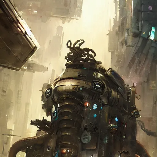 Prompt: Octopus in space, cyberpunk, realistic, detailed, Industrial Scifi, paint, watercolor, in the style of Ashley Wood and Wadim Kashin