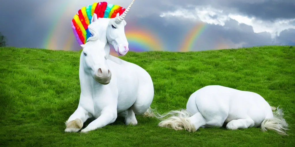 Prompt: a photo of a beautiful glorious white unicorn with a flowing main of hair and farting rainbows is ferociously eating a giant steak on a grassy hillside in the cloudy afternoon