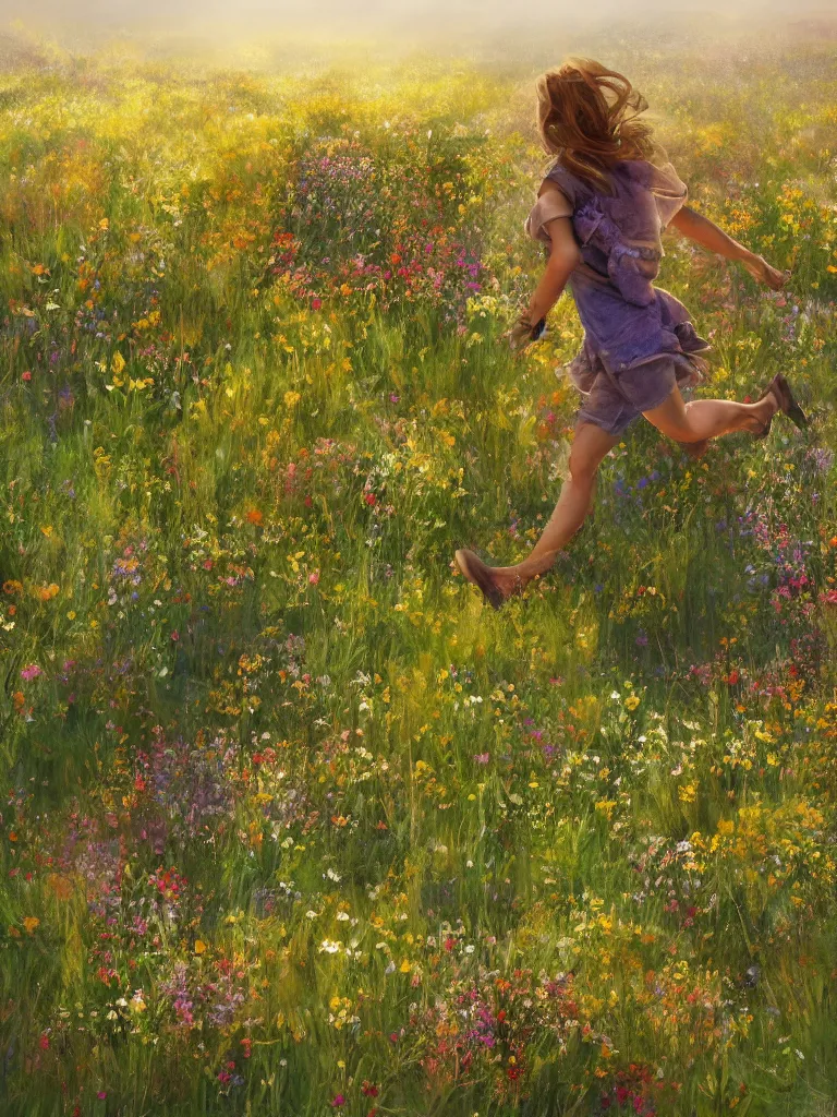 Image similar to running through the wildflowers by disney concept artists, blunt borders, rule of thirds, golden ratio, godly light