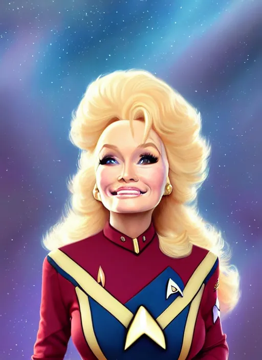 Image similar to cute star trek officer dolly parton, natural lighting, path traced, highly detailed, high quality, digital painting, by don bluth and ross tran and studio ghibli and alphonse mucha, artgerm