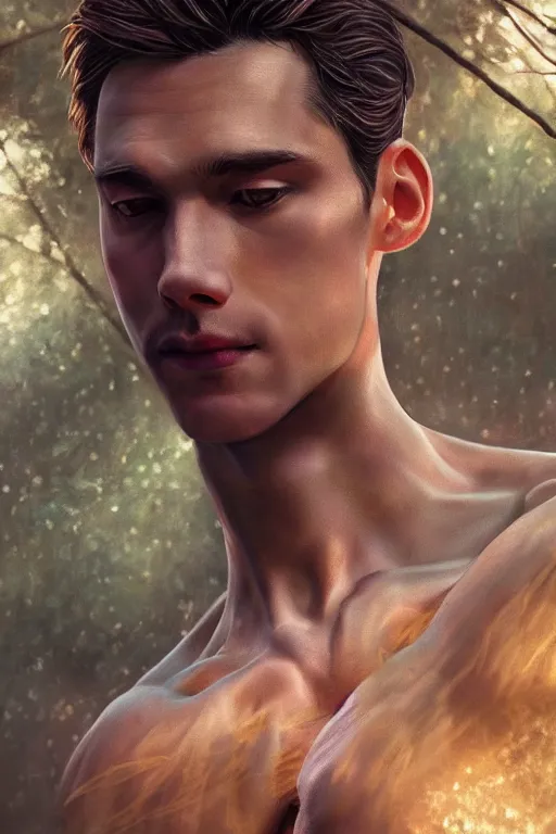 Image similar to stunningly beautiful, male prima ballerina in jungle, symmetrical face, golden hour, smooth, focus, highly detailed, hyper realistic, dramatic lighting, elegant, intricate, concept art, art by wlop, mars ravelo, greg rutowski, artstation