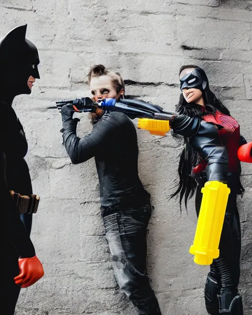 Image similar to happy batman firing super soaker water gun at playful criminals in an alleyway, everyone having fun, product advertisement, photography