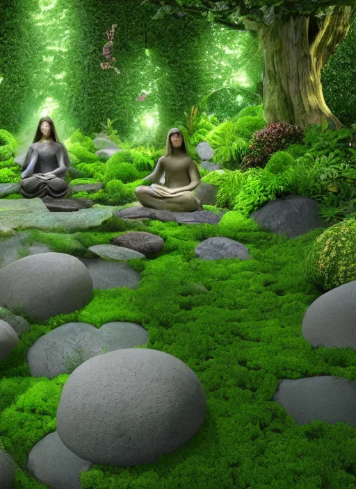 Image similar to hyper realistic render of a heavenly garden of peace, filled with trees, stone slab, flowers, moss, ferns, a girl meditating at a distance, trending on artstation, volumetric lighting, hyper realistic, hyper detailed, high quality render, blender guru