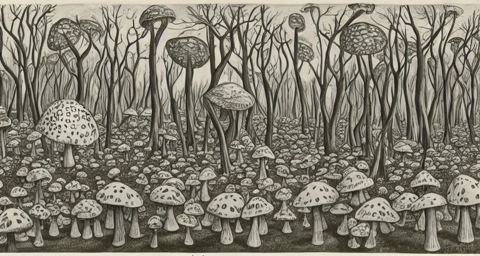 Image similar to A tribal village in a forest of giant mushrooms, by Charles Addams