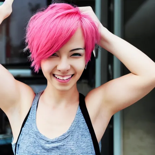 Image similar to anime woman with short pink hair in a bob style, light brown eyes, blue tank top, black pants, waving and smiling