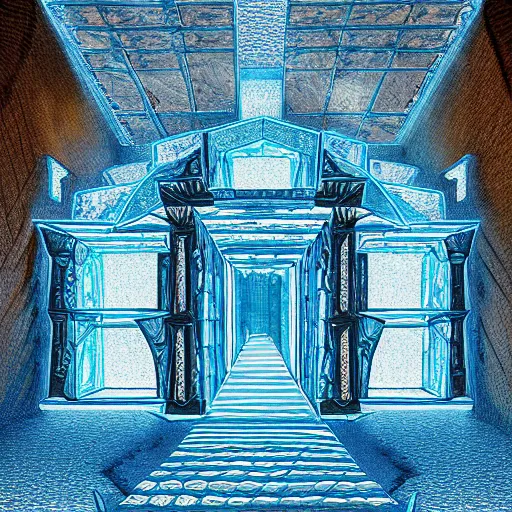 Image similar to ruins of a medieval throne room with all seats replaced by people encased in crystaline prisons, illuminated in blue light by a large crystal, perspective from the entrance, eerie ambience, handdrawn