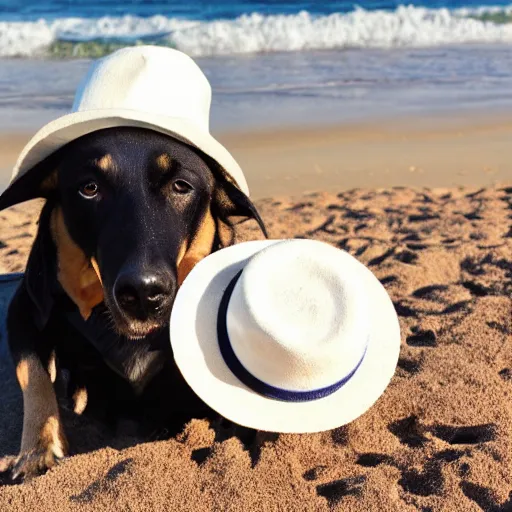 Image similar to Dog with white hat on the beach having a picknick