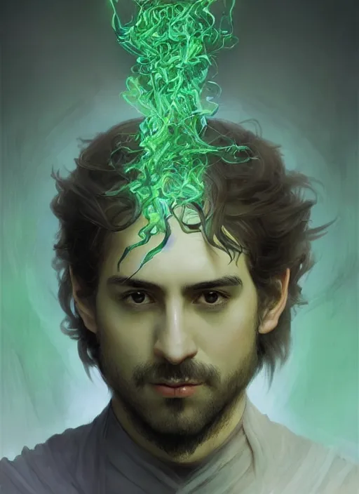 Image similar to character concept portrait of an attractive young clever Spanish wizard with powder-green skin conjuring a nature spell, a floating iridescent spell book in the center, intricate, elegant, digital painting, concept art, smooth, sharp focus, illustration, from Metal Gear, by Ruan Jia and Mandy Jurgens and William-Adolphe Bouguereau, Artgerm