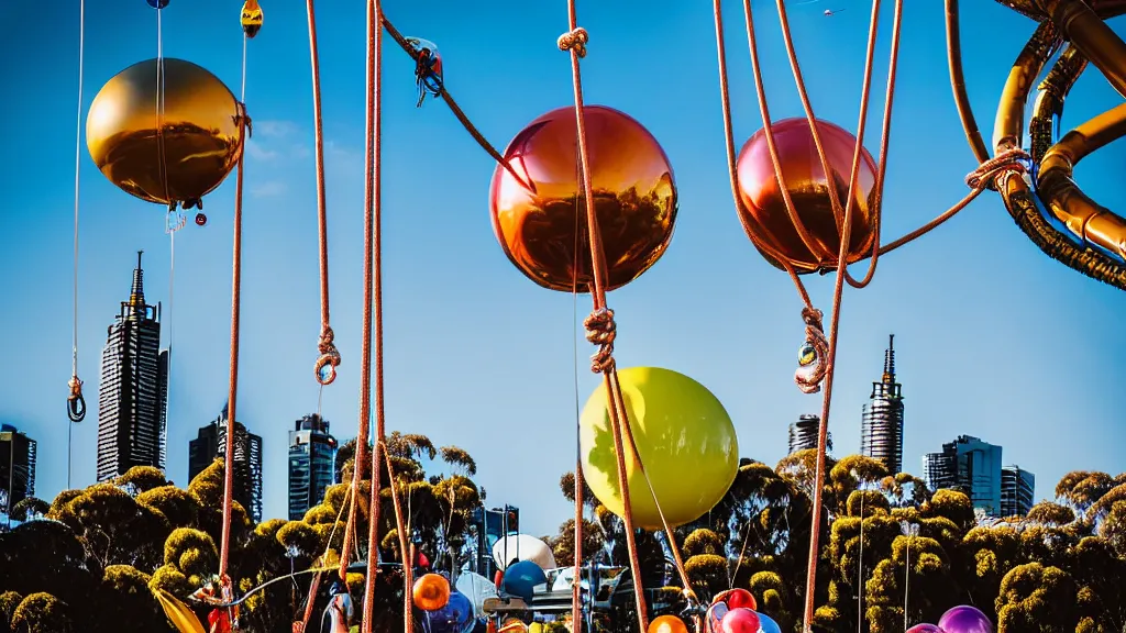 Image similar to large colorful futuristic space age metallic steampunk balloons with pipework and electrical wiring around the outside, and people on rope swings underneath, flying high over the beautiful melbourne in australia city landscape, professional photography, 8 0 mm telephoto lens, realistic, detailed, photorealistic, photojournalism