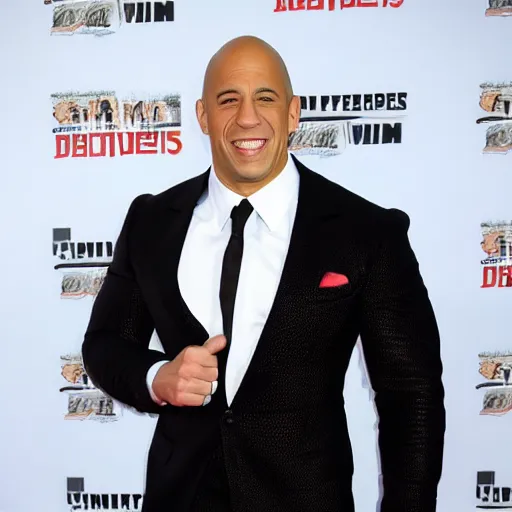 Prompt: red carpet photos of Vin Diesel dressed as Jessica Rabbit in front of a DeLorean