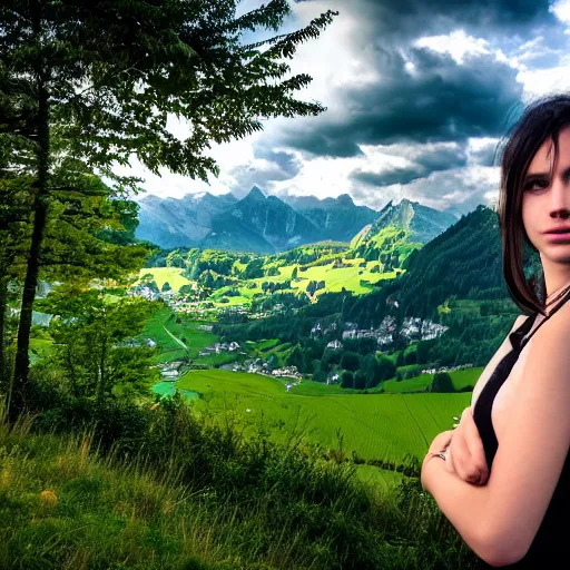 Image similar to a beautiful photograph of a girl with switzerland landscape in the background with trees, hdr, 8 k, high quality, sharp focus, artstation, highly detailed, award - winning, dramatic lighting, beautiful clouds, and nature