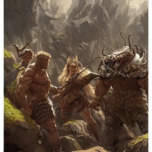 Image similar to muscular ogre - like fierce warrior with tree - bark skin wearing intricate stone and wood armor, towering above a group of soldiers, battlefield, highly detailed, digital painting, artstation, concept art, smooth, sharp focus, illustration, art by artgerm and greg rutkowski and alphonse mucha