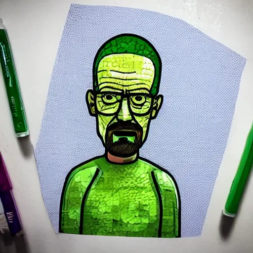 Image similar to walter white as pickle rick, detailed, realism,