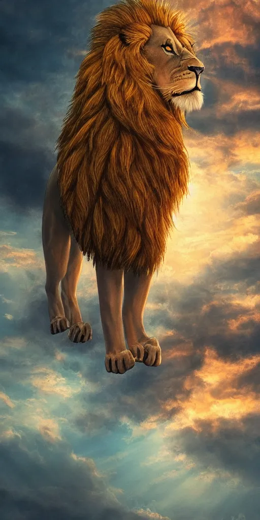 Prompt: lion human hybrid , in casual clothes , backlight body , extreme very textured detailed intricate victorian painting , sunset, dramatic clouds cyan atmosphere