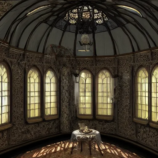 Prompt: a miniature tabletop gothic house under an ornate glass dome, by paulette tavormina and michael whelan, inside a dim room with light from one window, faded and dusty, hyper realistic, extremely detailed, dramatic lighting, victorian, unreal engine, featued on artstation