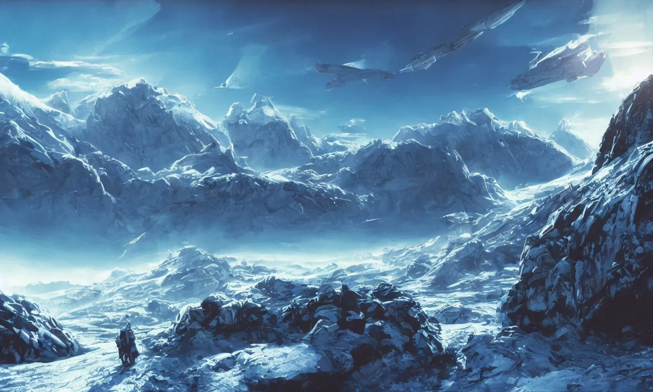 Image similar to frozen planet with mountains in clouds on the background, ravine in front, science-fiction, cinematic lighting, cinematic angle, Syd Mead, Federico Pelat, daylight, blue sky, spaceship in the sky