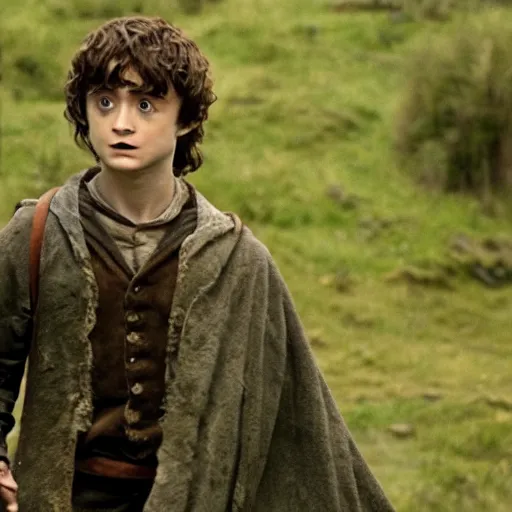 Image similar to Film still of a young Daniel Radcliffe as Frodo in Lord of the Rings: The Return of the King, wide shot, cinematic