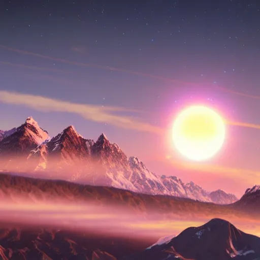 Image similar to small solar eclipse above mountains, highly detailed, photorealistic shot, bright studio setting, studio lighting, crisp quality and light reflections, unreal engine 5 quality render