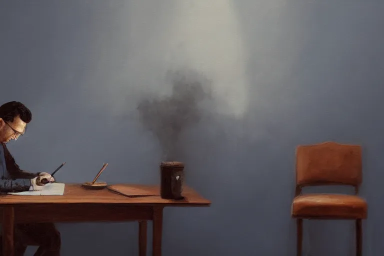 Prompt: a painting of a lonely man writing in a large leather notebook in a foggy room by jama jurabaev, cinematic shot, trending on artstation, high quality, ultra realistic, blue color theme