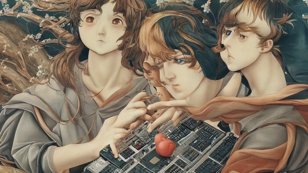 Image similar to cute anime boy with big eyes plays beats on roland sp 4 0 4, in style of sandro botticelli, 4 k, high resolution details,