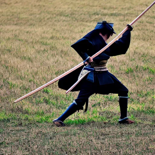 Image similar to HD photo of a samurai sprinting across a field. dynamic pose