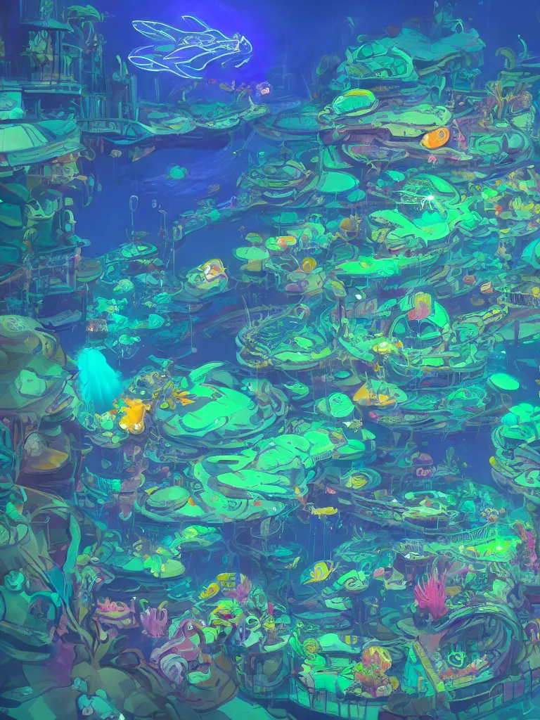 Prompt: neon fish under water at night as seen from overhead by disney concept artists, blunt borders, rule of thirds