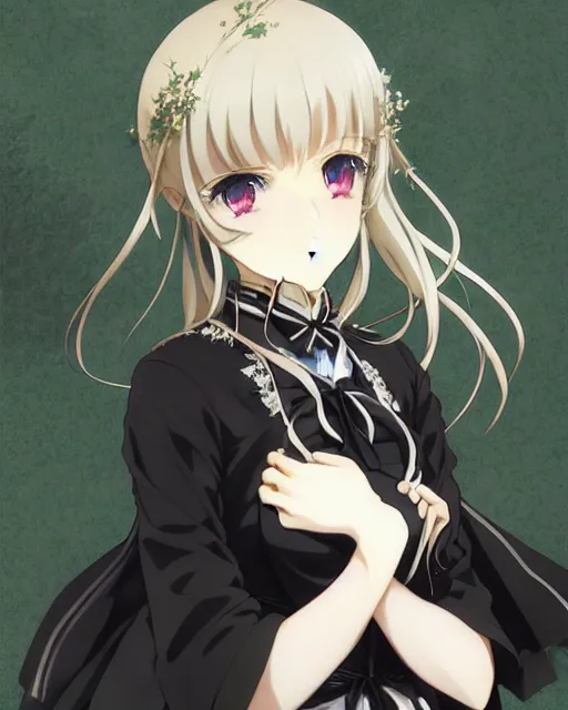 Prompt: victorique de blois anime girl gosick super detailed green eyes green eyes green eyes green eyes black dress black dress black dress black dress blonde hair by greg rutkowski makoto shinkai aramaki shinji artgerm, cushart krenz key art feminine award winning smile haruko ichikawa, kyoto animation, square enix makoto shinkai mouth