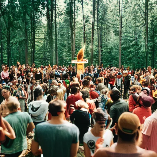 Prompt: a crowd of diverse people worshipping a slice of pizza on an altar during a solar eclipse in a clearing of a forest, 35mm