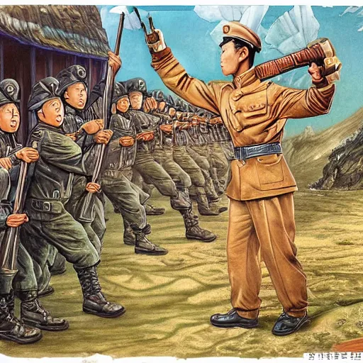 Prompt: a chinese soldier helps his comrades understand how to fight, technological growth, beautiful vintage country chocolate biodiesel wadellesacker, by wendy froud and vincent di botticelli, matte painting, an ink drawing holographic