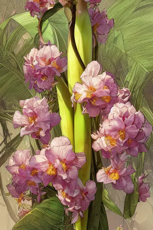 Prompt: ultra realistic illustration, banana plants close up drawing and colorful flowers, elegant, highly detailed, digital painting, concept art, smooth, sharp focus, illustration, art by greg rutkowski and alphonse mucha