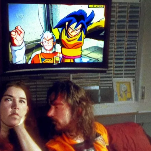 Image similar to scottish hippy being forced to watch dragon ball z, crt television, eyes kept open, not allowed to blink, the girlfriend eagerly explains the convoluted plotline