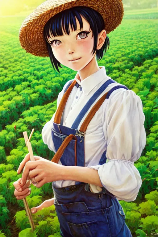 Image similar to mandragora farmer girl working on the sunny day, wearing a suspender and straw hat, artgerm, artstation, art by hiroaki samura and jiro matsumoto and yusuke murata, fantasy, box office hit, movie poster, unreal engine, octane render, sharp focus, high quality, highly detailed 8 k