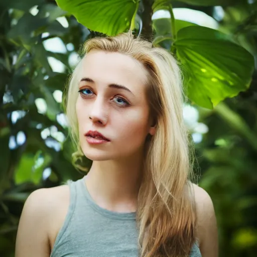 Image similar to aero ektar lens. shallow depth of field. head to waist portrait photograph of an extremely beautiful!!!! young blonde female. symetric face. round detailed eyes. with a very detailed barn owl! on her shoulder., petzval lens. in a tropical greenhouse. featured on flickr, art photography, photo taken with provia,