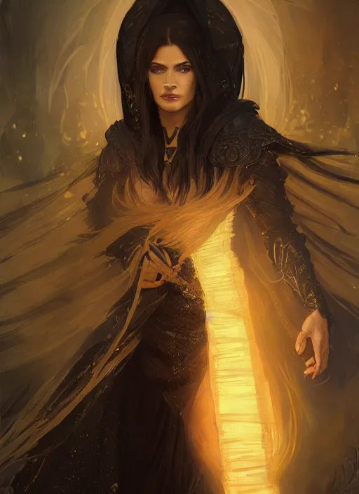 Image similar to medium-length portrait of a female dragonborn wizard with black scales and golden eyes, serious expression, wears a beautiful flowing dark robe, medieval setting, highly detailed, digital painting, artstation, concept art, sharp focus, illustration, art by greg rutkowski and alphonse mucha