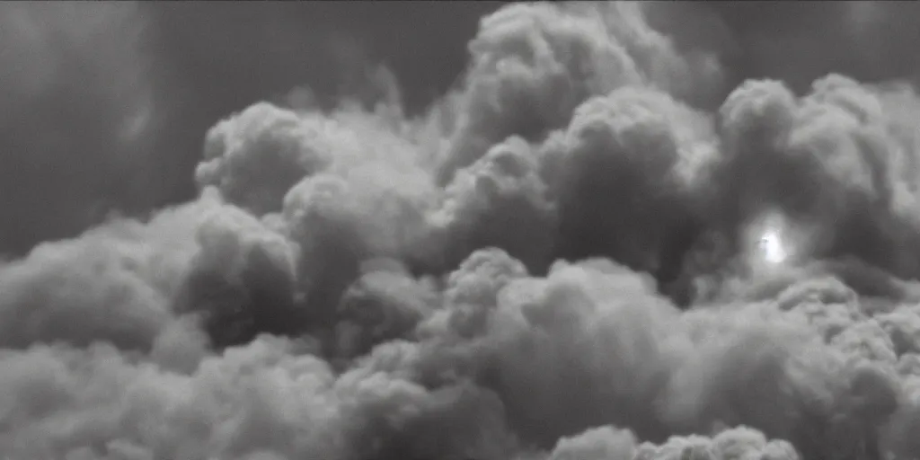 Prompt: large explosions, clouds of smoke, fireballs, shock waves, aerial view, 120 black and white film