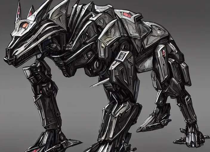 Prompt: cinematic, vore station handsome stunning realistic borg hound, mecha hound, taller than man, sharp armor, metal dragon tail, glass oled mecha visor, sharp metal dragon claws, open synthetic maw, feral body, angular metal, vore art, dragon art, furry art, digital art, warframe hound art, octane, furaffinity, deviantart, sofurry